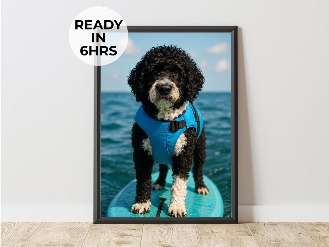 Curly Dog in Blue Life Vest on Paddleboard Pet Portrait Print