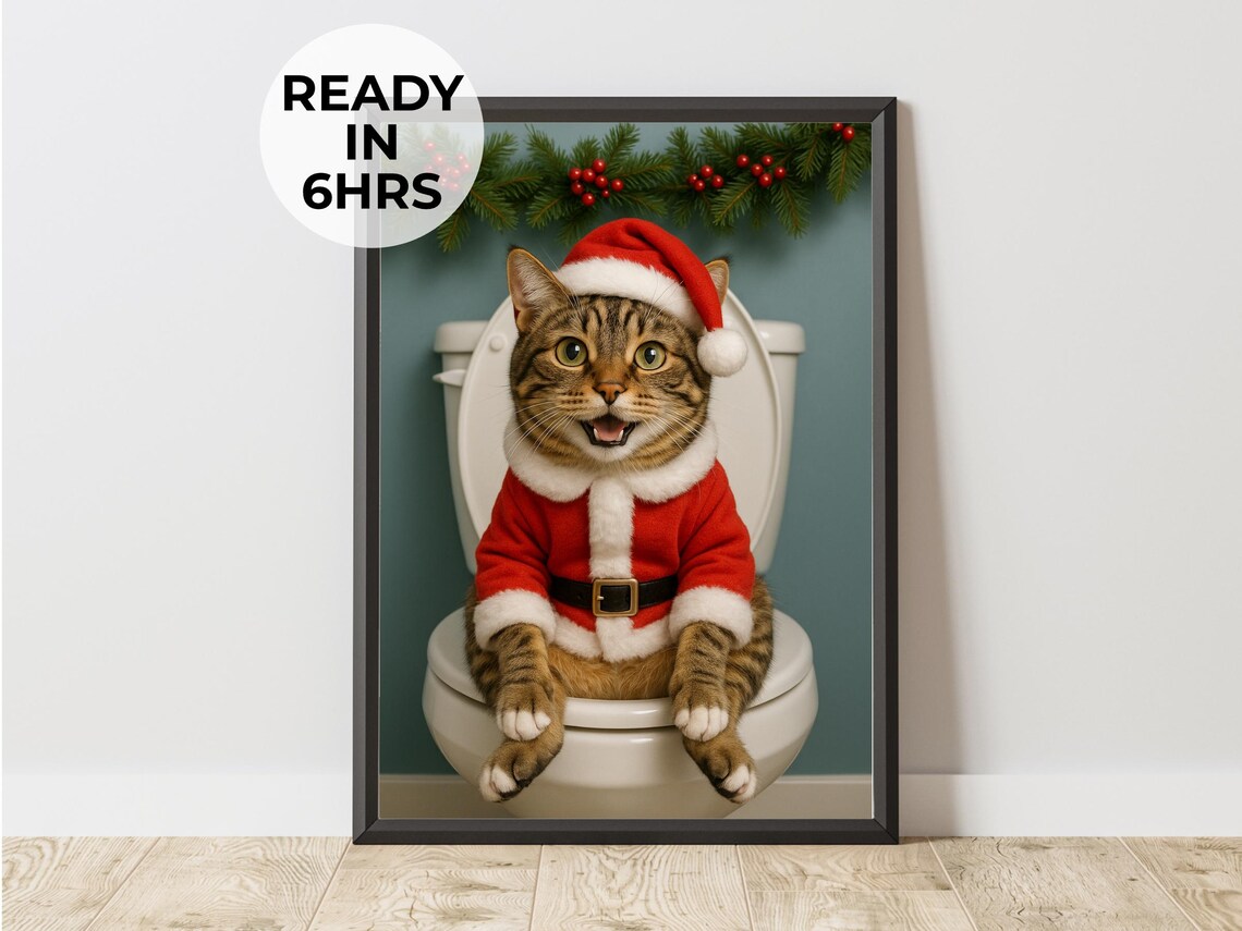 Funny Christmas Cat On Toilet Portrait, Art Print