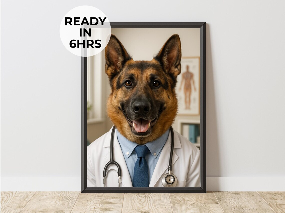 Doctor Dog German Shepherd Coat Stethoscope Funny Pet Portrait Poster
