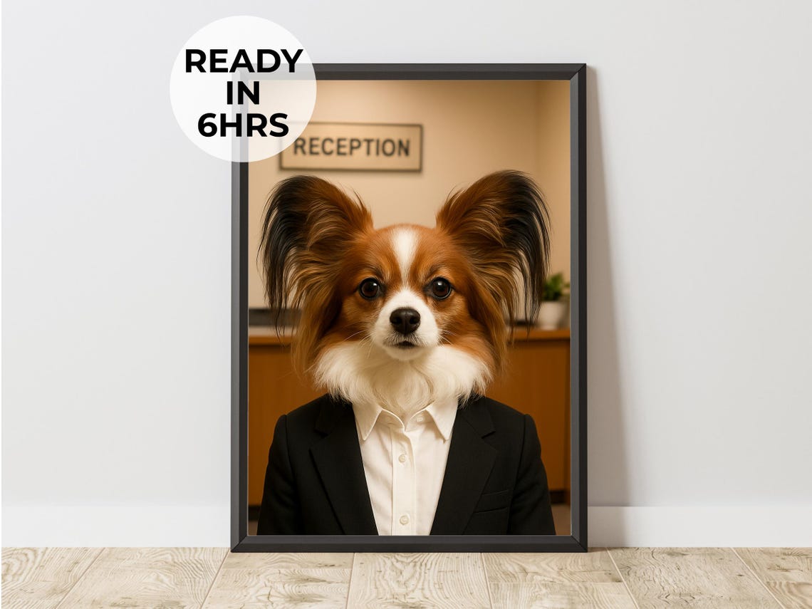 Receptionist Papillon Dog Suit Office Funny Pet Portrait Poster