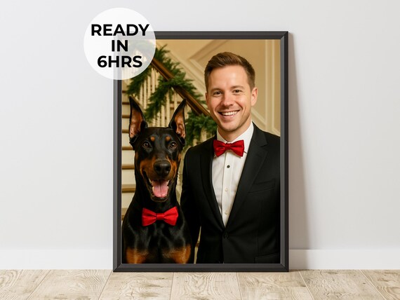 Custom Formal Pet Owner Portrait Tuxedo Dog Christmas Gift Poster