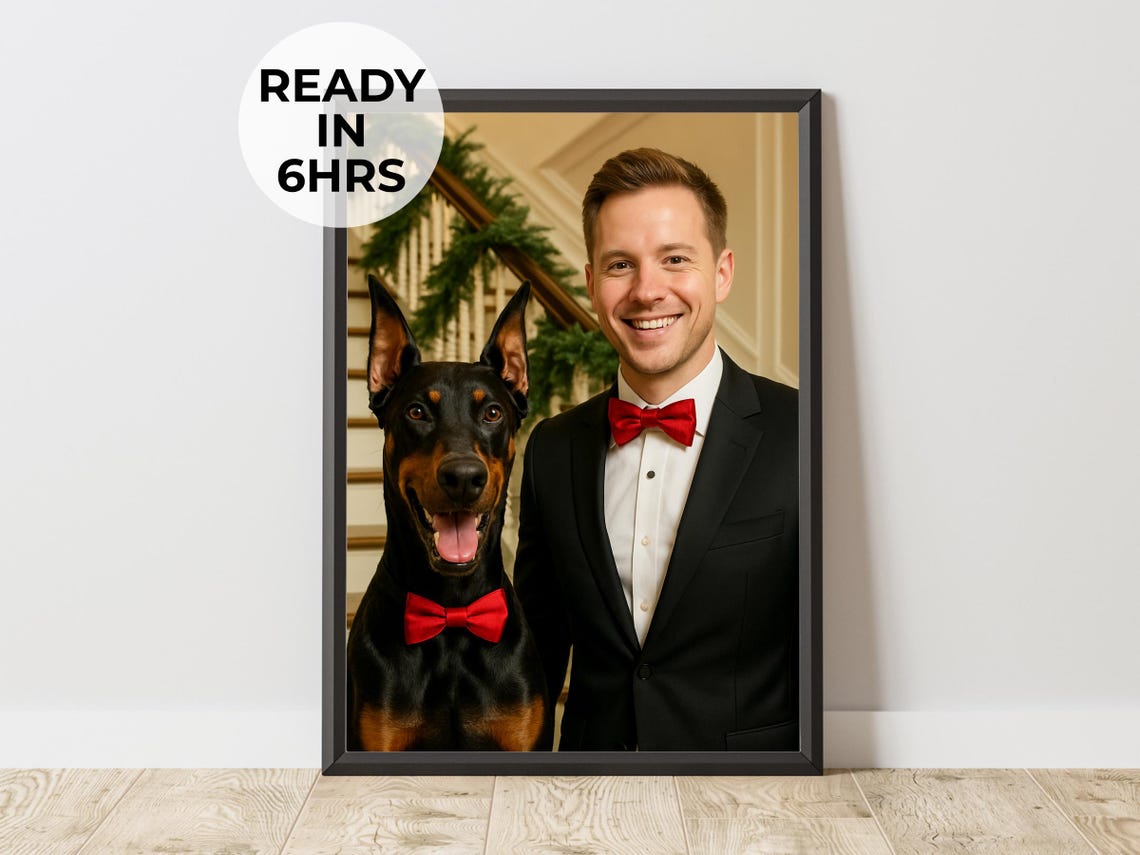 Custom Formal Pet Owner Portrait Tuxedo Dog Christmas Gift Poster