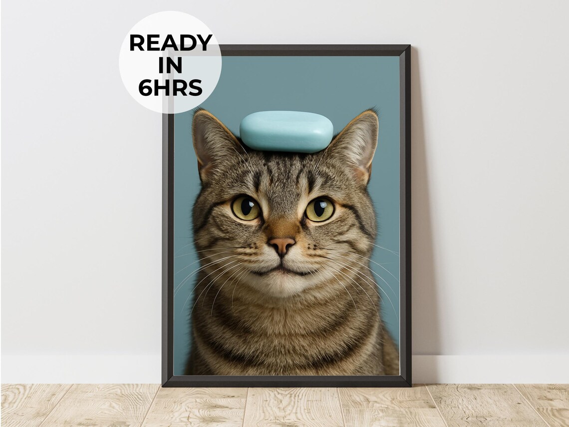 Funny Tabby Cat Balancing Blue Soap Bar on Head Quirky Bathroom Pet Poster