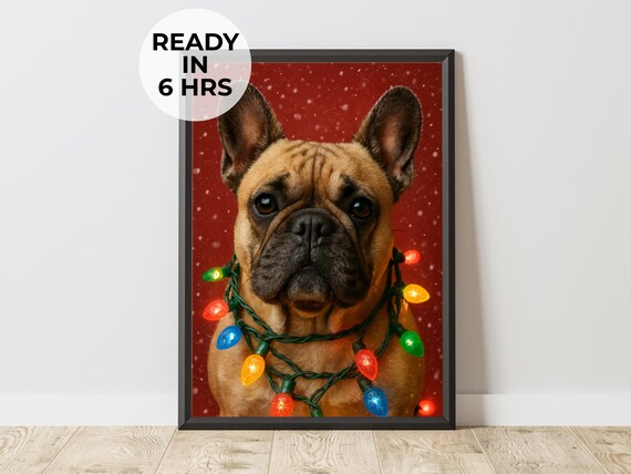 Festive French Bulldog Christmas Lights Holiday Dog Art Poster