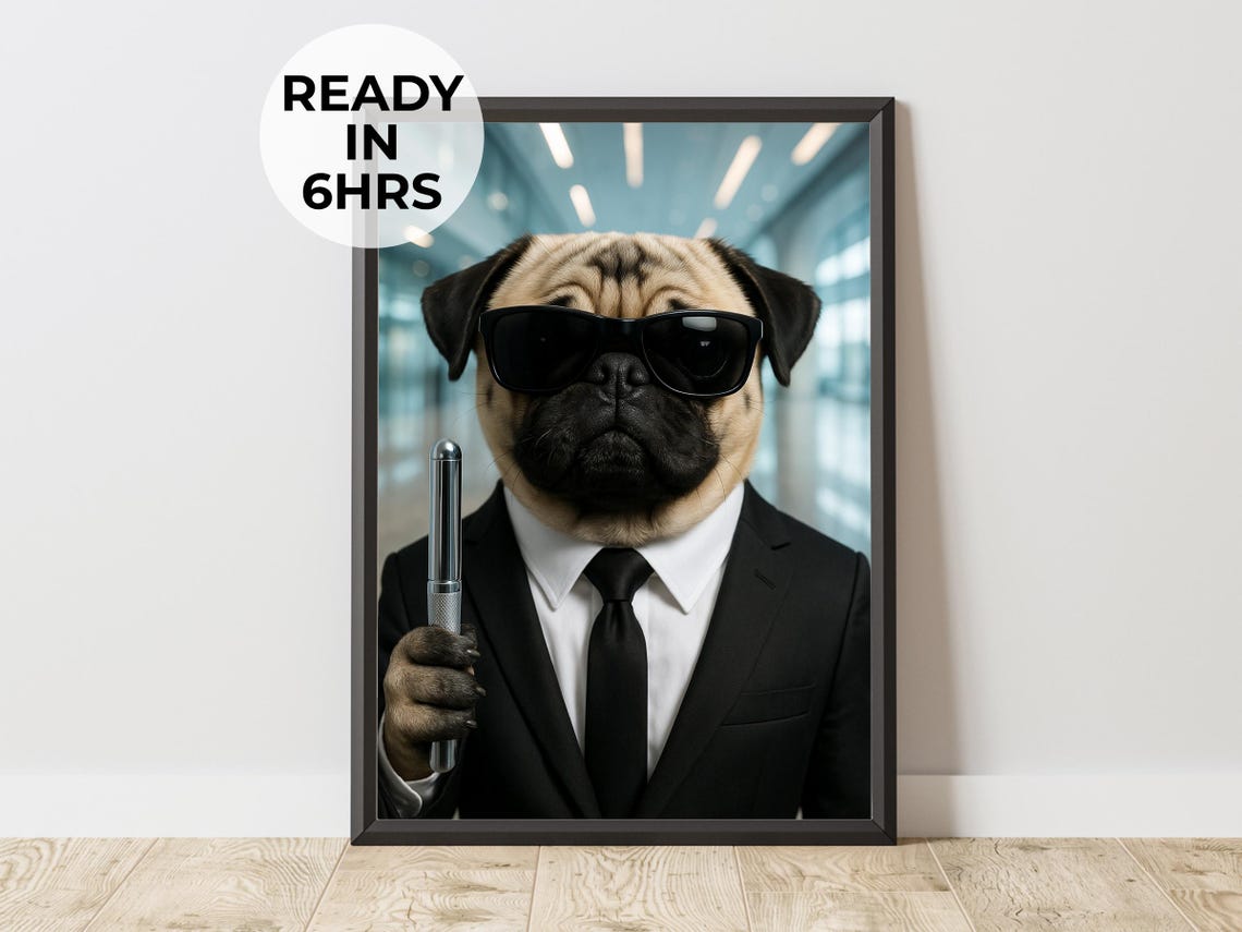Custom Secret Agent Pet Portrait Spy Pug Personalized Dog Poster