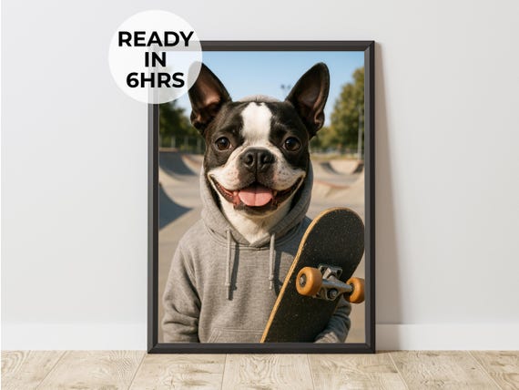 Skater Pet Portrait Art Print, Streetwear Gift