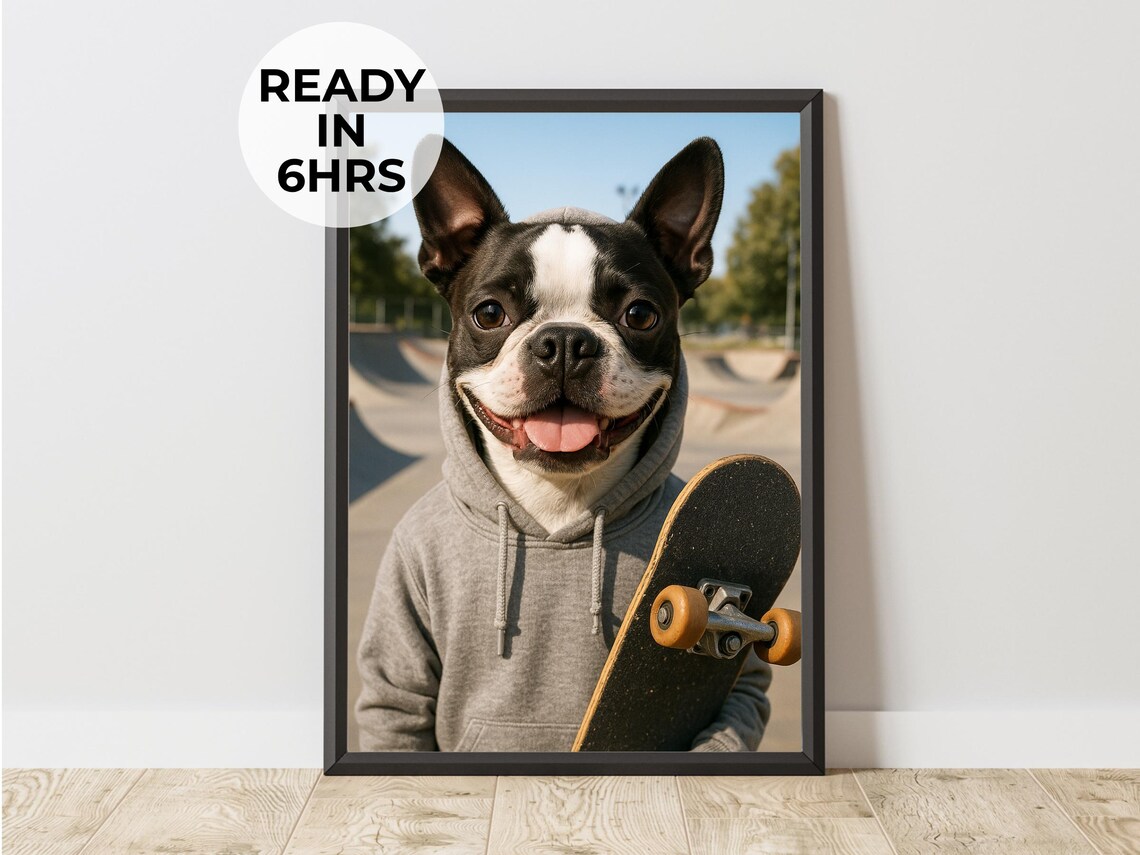 Skater Pet Portrait Art Print, Streetwear Gift