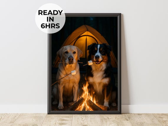 Custom Camping Pet Portrait Funny Smores Dog Art