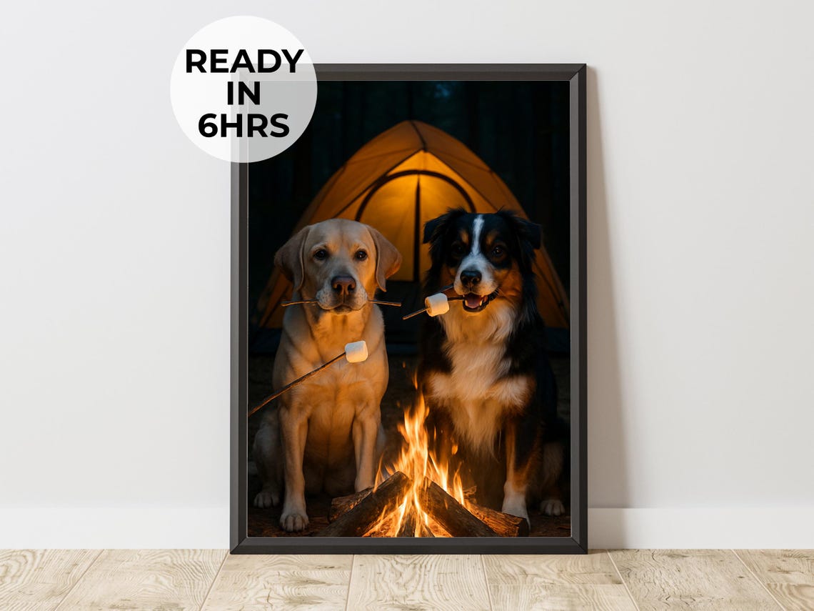 Custom Camping Pet Portrait Funny Smores Dog Art