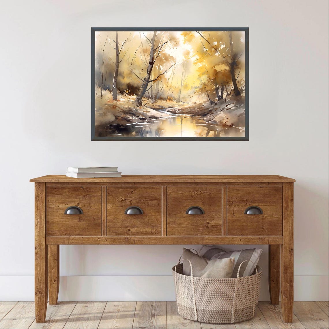 Golden Autumn Birch Trees Calm River Sunlight Watercolor Nature Poster - Image 4