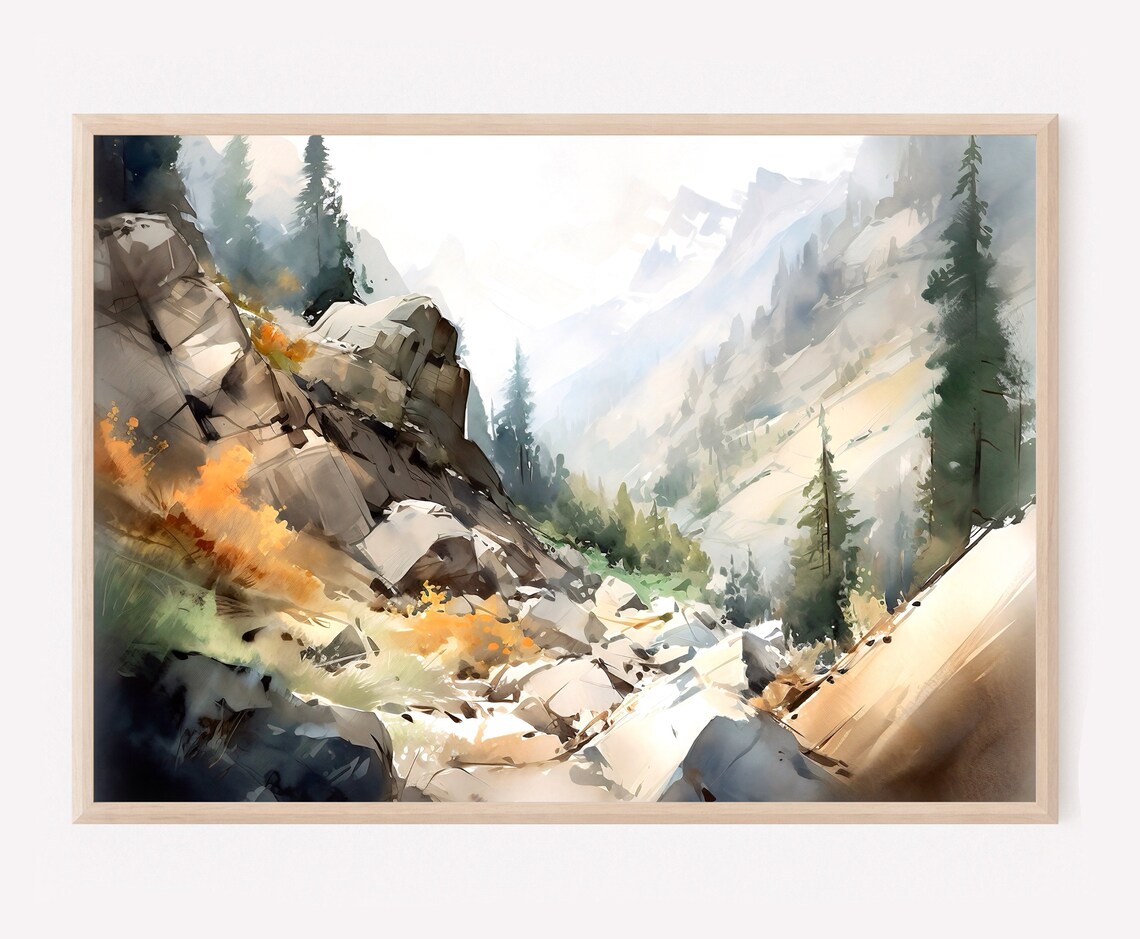 Misty Mountain Canyon Stream Watercolor Rocky Valley Scene Poster