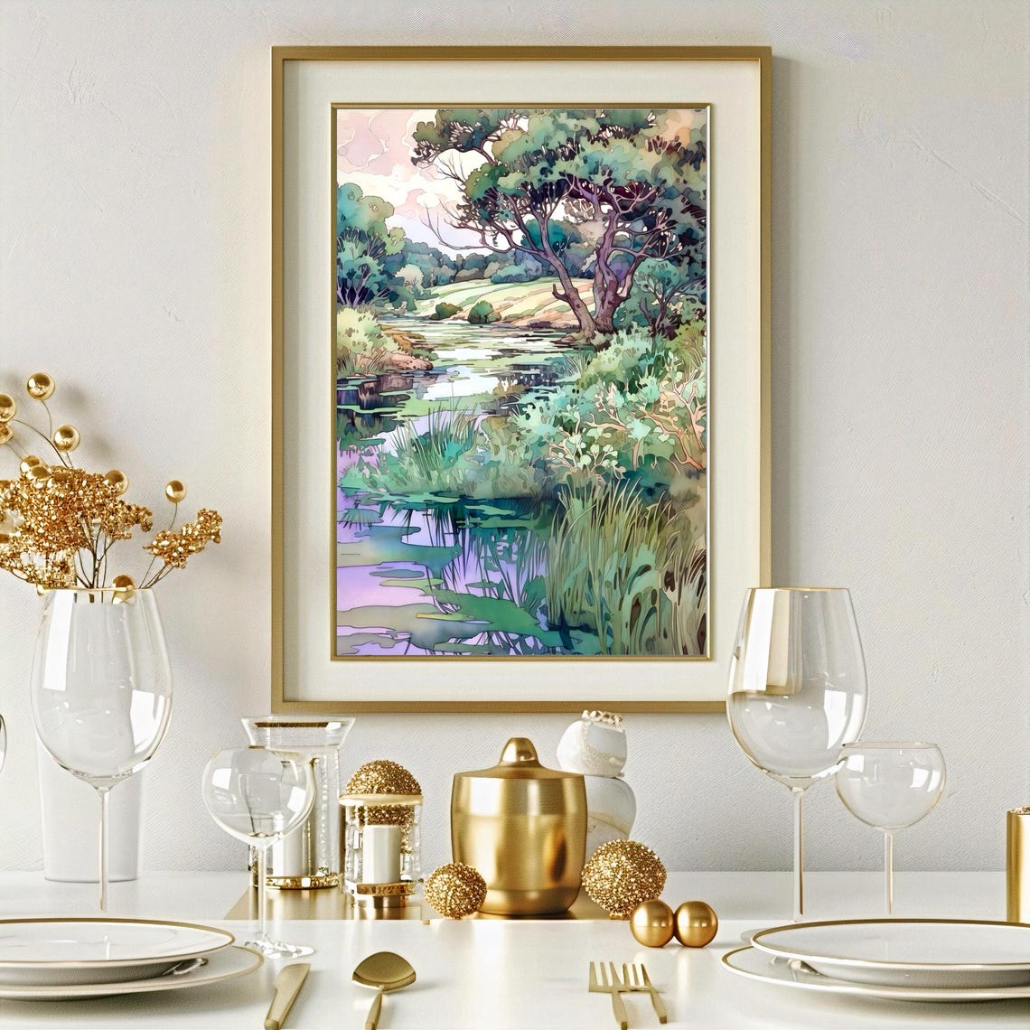 Lush Green Pond Under Tall Trees Watercolor Landscape Poster - Image 4