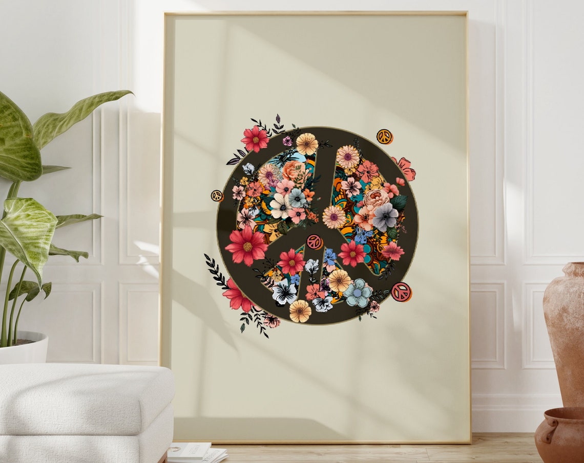 Floral Peace Sign Retro Poster Wildflower Hippie Bloom Decor Gift - Image 3