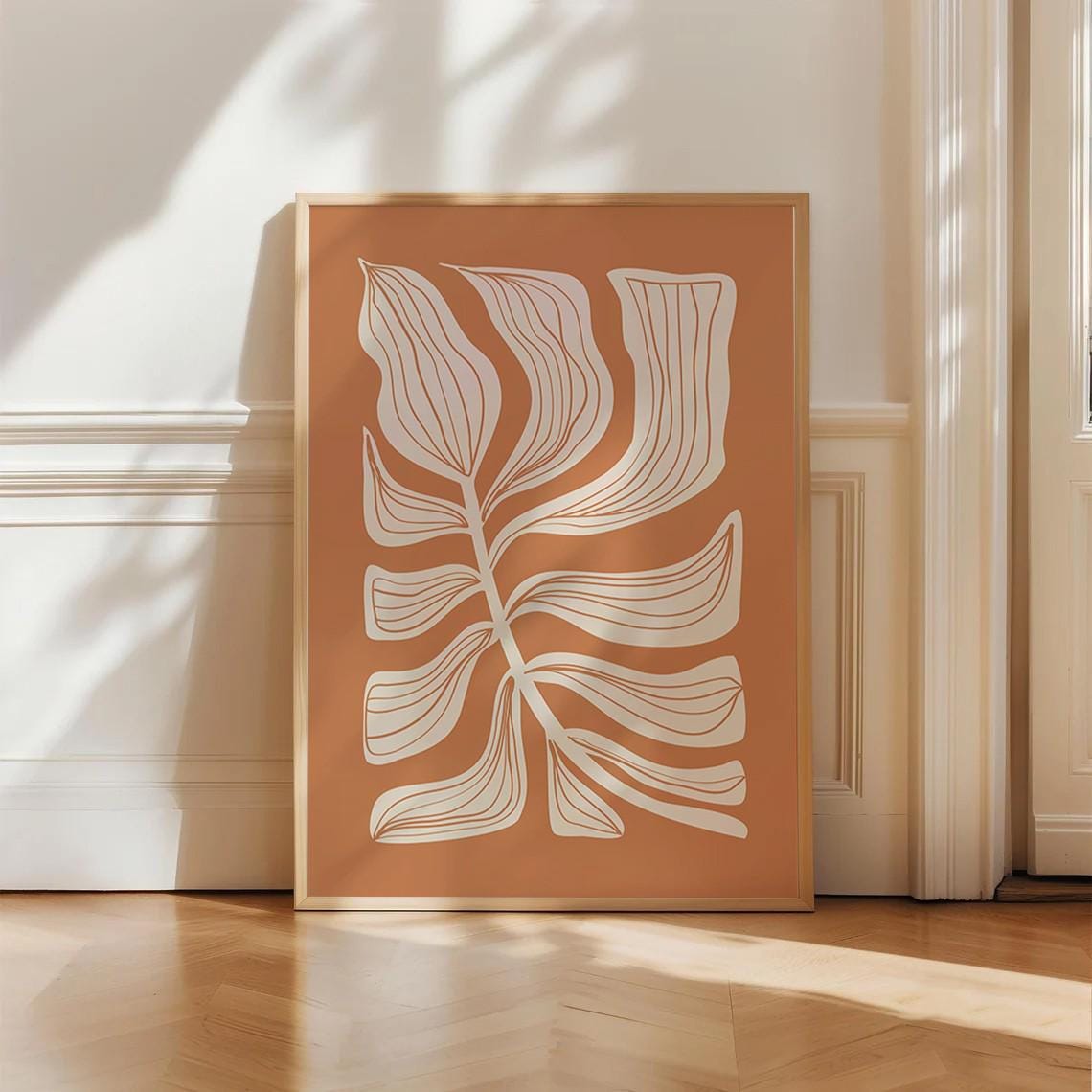 Terracotta Botanical Leaf Line Art Minimalist Boho Nature Wall Poster