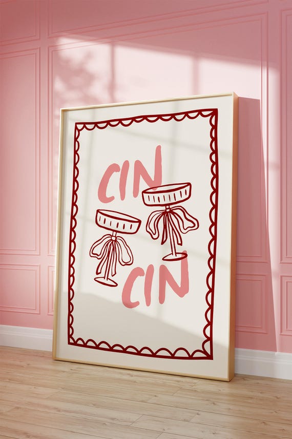 Cin Print Retro Bar Art Cute Alcohol Poster Fun Wine Gift For Her Drink Decor Pink Red Wall