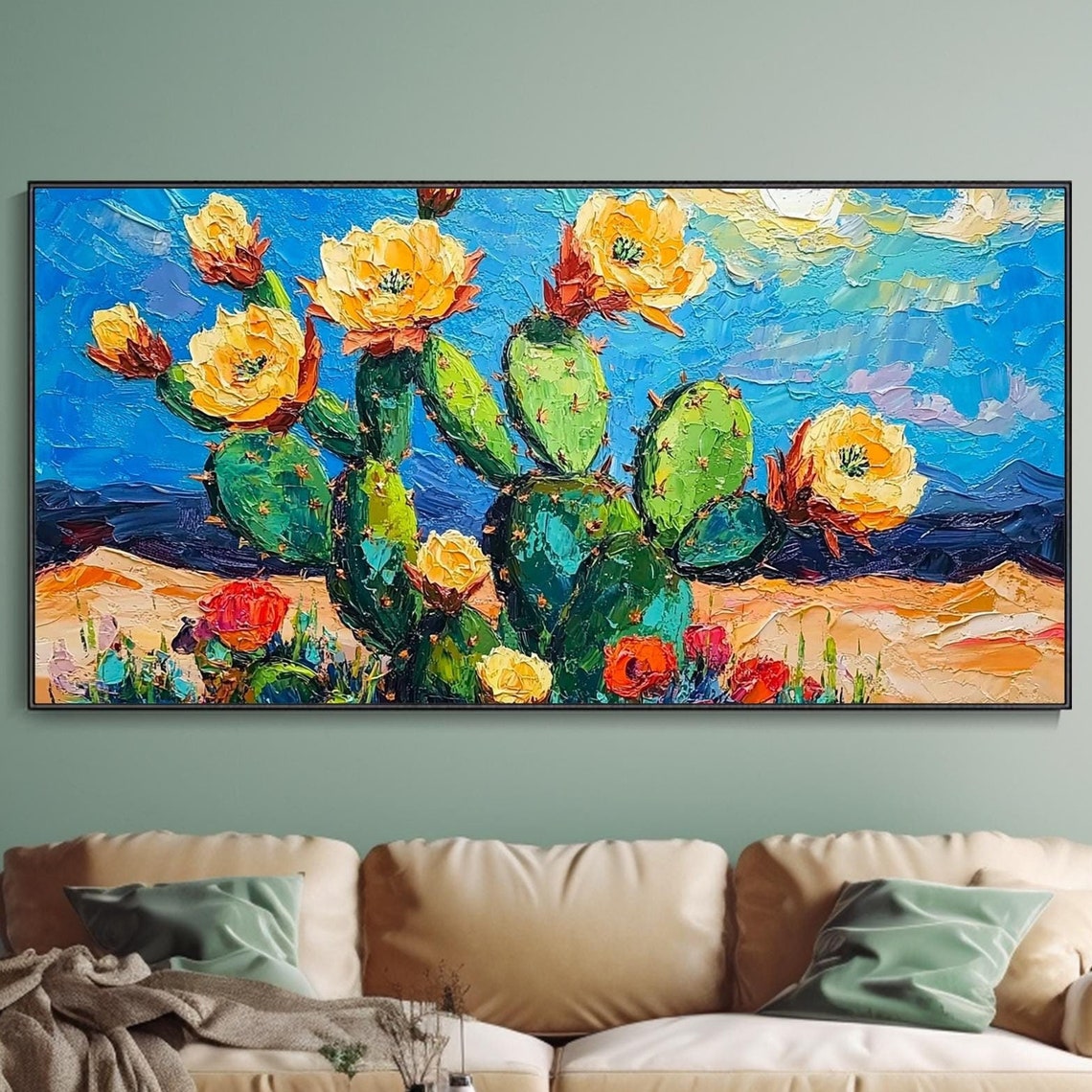 Blooming Prickly Pear Cactus Yellow Flowers Desert Art Poster