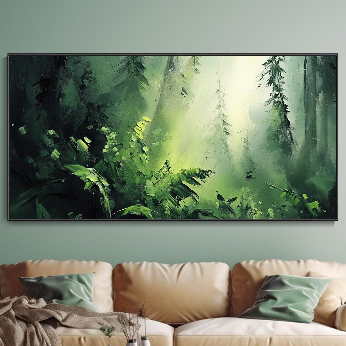 Misty Green Forest With Sunlit Ferns Nature Landscape Art Poster
