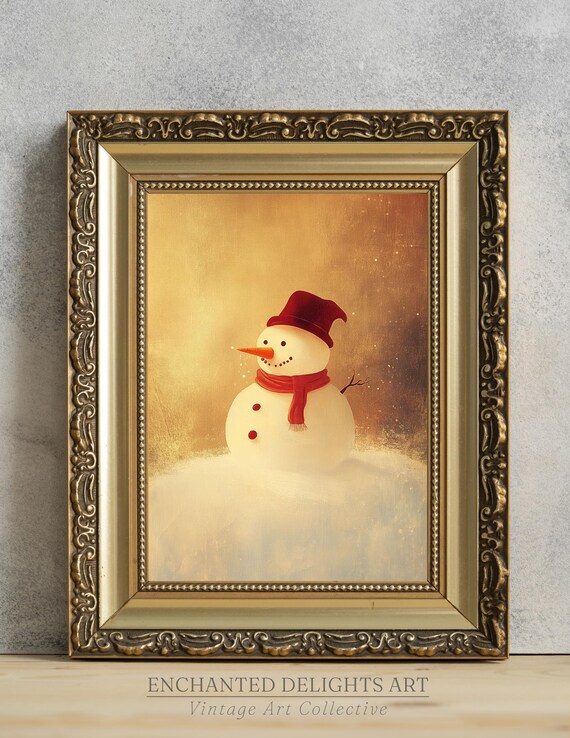 Cute Vintage Snowman Red Hat Scarf Warm Golden Christmas Art Poster