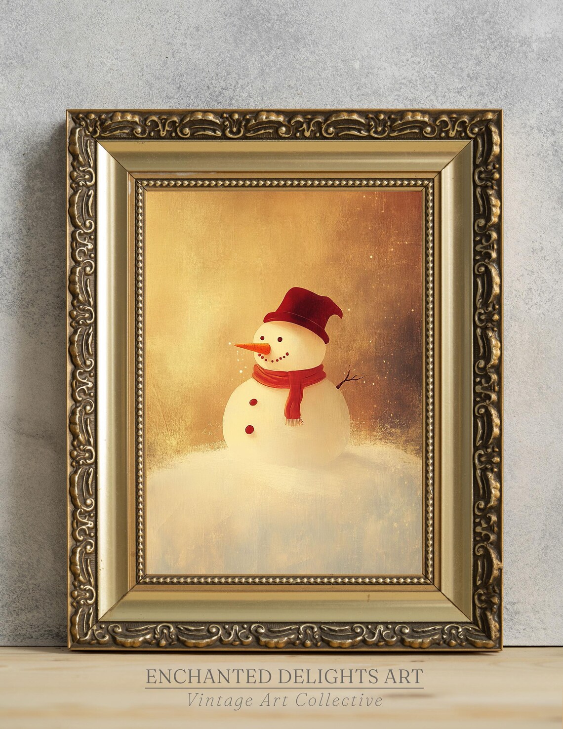 Cute Vintage Snowman Red Hat Scarf Warm Golden Christmas Art Poster