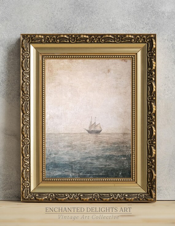 Antique Sailboat Calm Seascape Muted Tones Vintage Art Poster