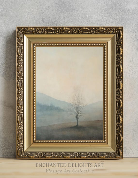 Bare Tree Landscape Painting Wall Art Aged Antique Faded Print Moody Rural Scene Country House Decor Lofi