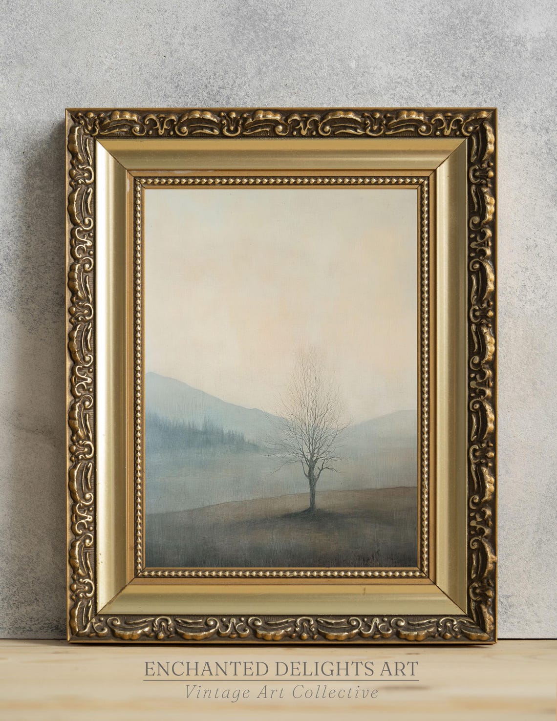 Lone Bare Tree Misty Hillside Vintage Muted Landscape Painting Poster