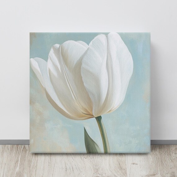 White Tulip Bloom Close-Up Serene Blue Floral Art Wall Poster