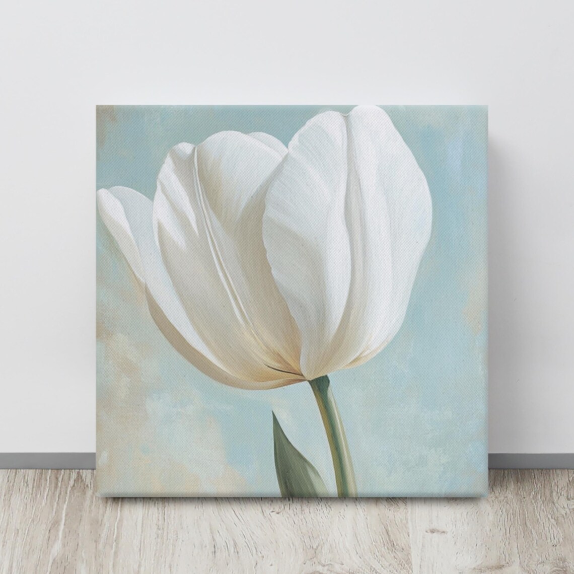 White Tulip Bloom Close-Up Serene Blue Floral Art Wall Poster