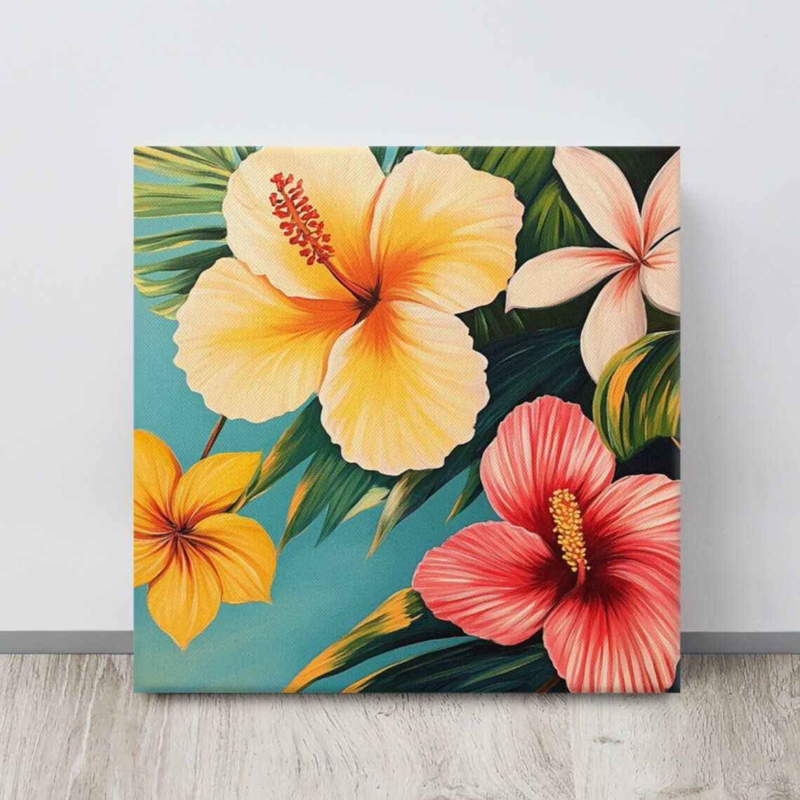 Tropical Hibiscus Golden Yellow Coral Blooms Turquoise Wall Art Poster