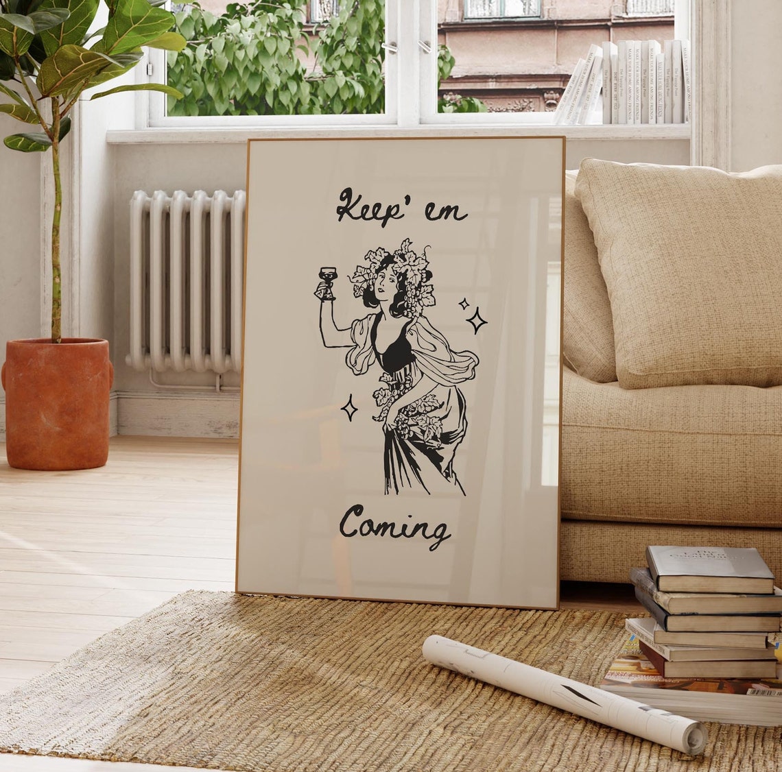 Keep Em Coming Vintage Wine Lady Illustration Retro Party Poster