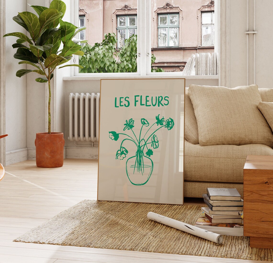 Green Les Fleurs Flower Vase Botanical Line Art Hand Drawn Poster - Image 3