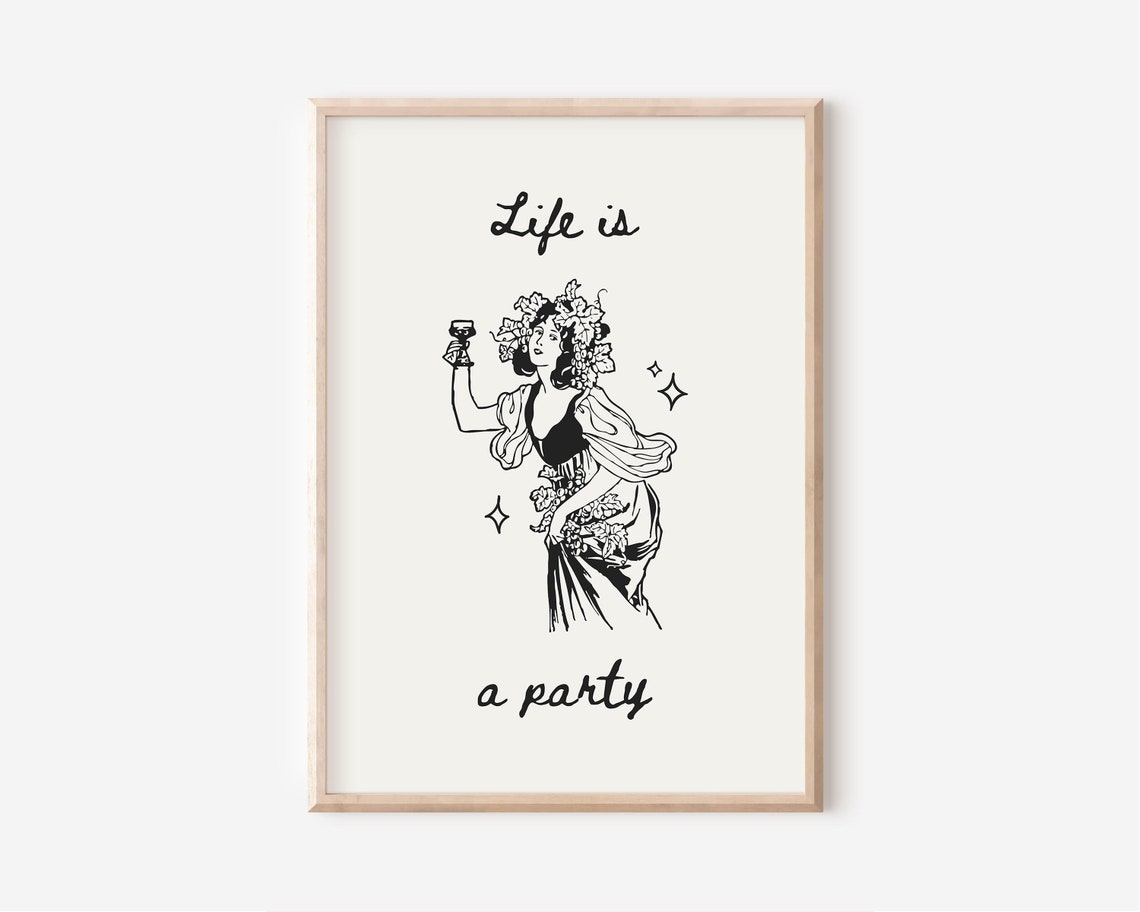 Life Is A Party Black Vintage Wine Lady Illustration Bar Poster - Image 2