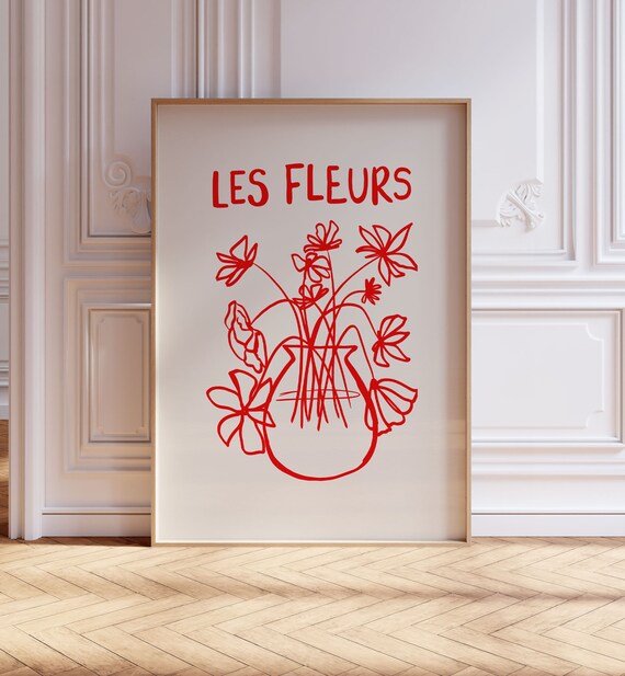 Flowers In Vase Red Poster Print Preppy Kitchen Les Fleurs Poster Trendy Cute Apartment Wall Decor Floral Drawing Botanical Wall Art