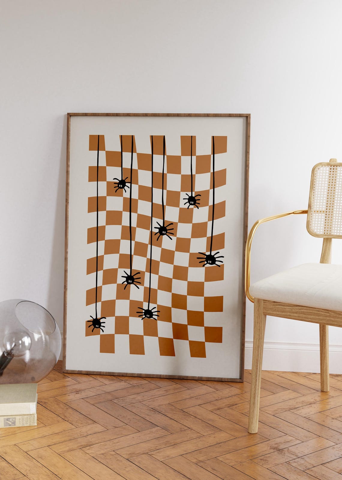 Checkered Burnt Orange Halloween Poster with Hanging Spiders - Image 3
