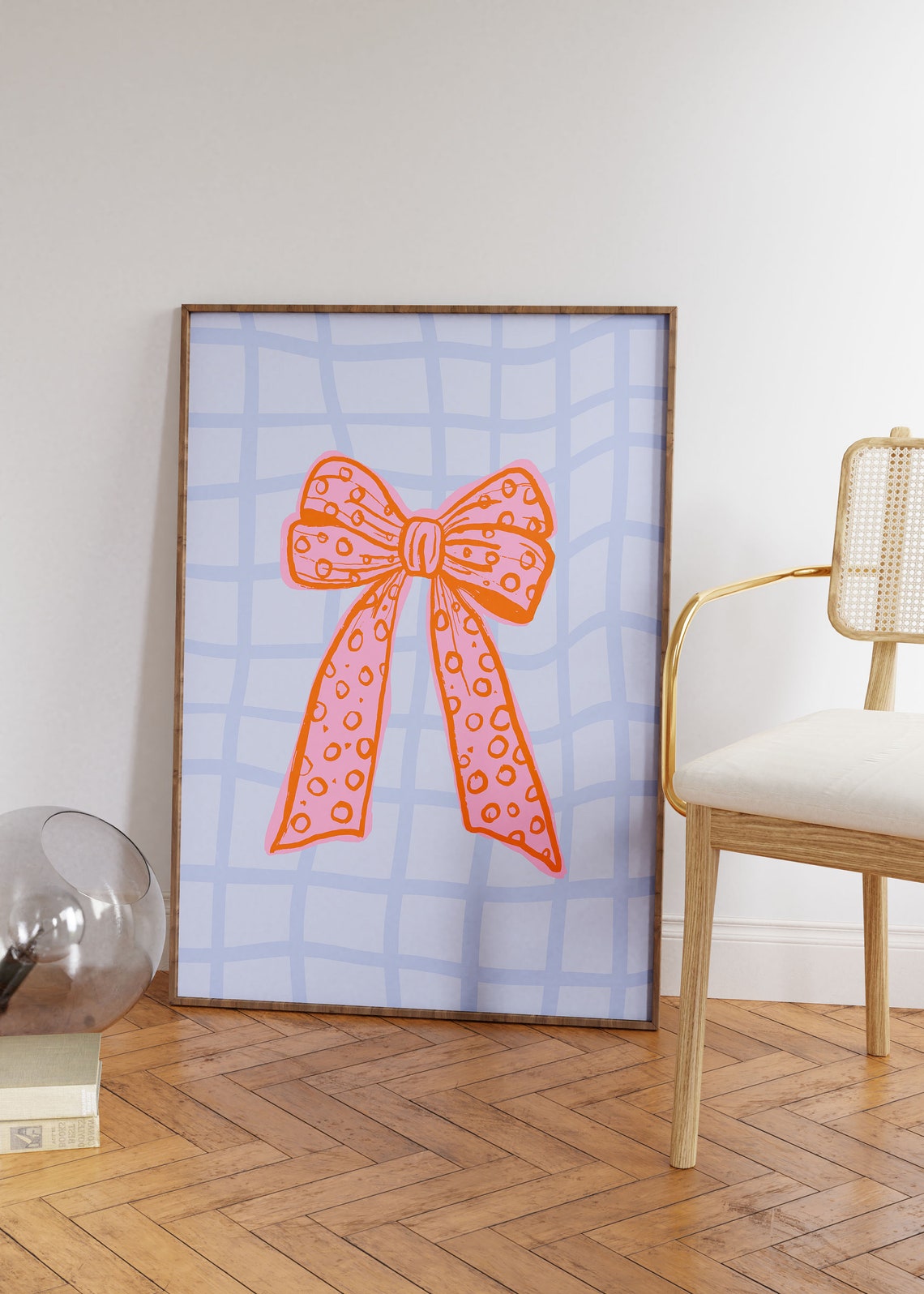 Orange Polka Dot Bow On Blue Checkered Background Funky Ribbon Poster - Image 3