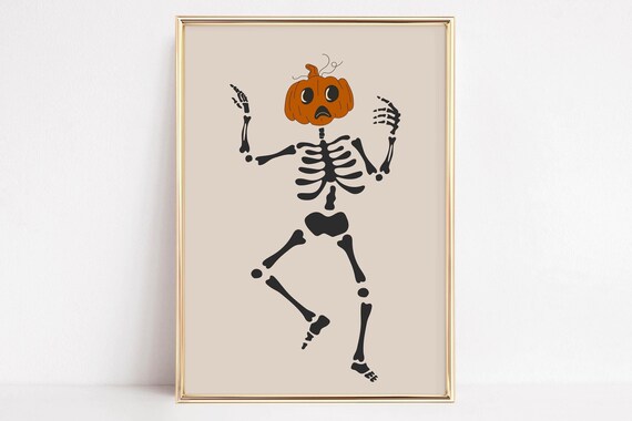 Skeleton Pumpkin Head Cute Spooky Dancing Halloween Fall Poster