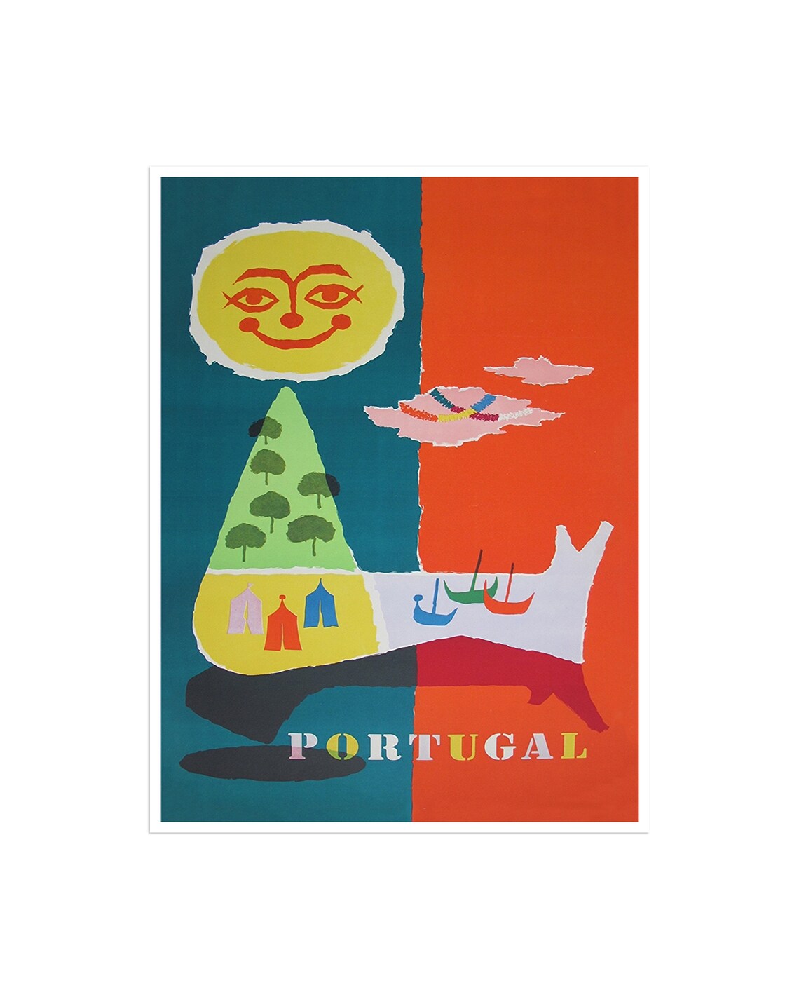 Portugal Vintage Travel Poster with Abstract Sun and Fishing Boats