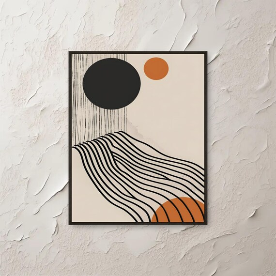 Modern Abstract Line Art Print Black Burnt Orange Circle Poster Minimalist Geometric Wall Contemporary Home Decor Png