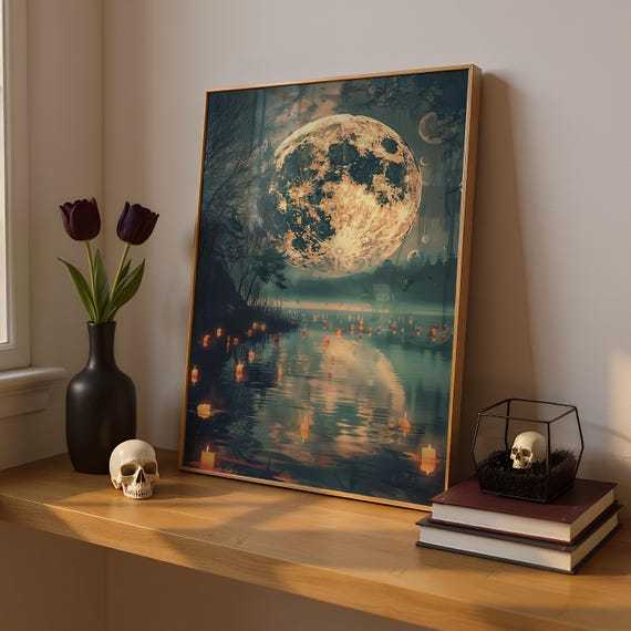 Surreal Full Moon Over Floating Candle River Wall Art Dreamy Night Landscape Print Celestial Fantasy Home Decor Artworkhalloween