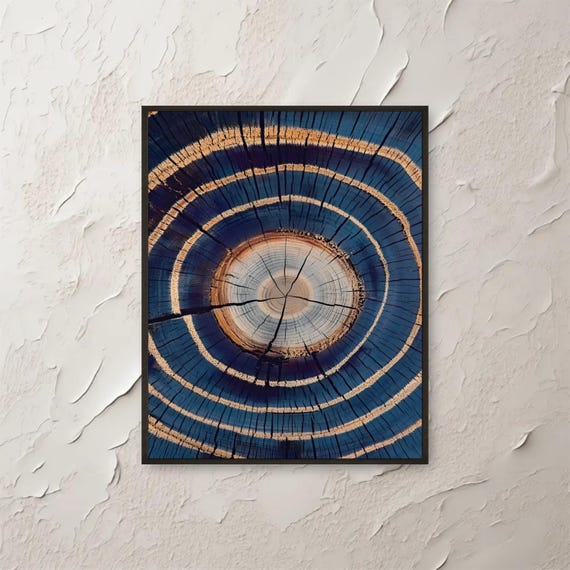 Blue Tree Rings Wall Art Print Abstract Wood Grain Texture Artwork Modern Rustic Nature Decor Beige Navy Brown Organic Home Poster