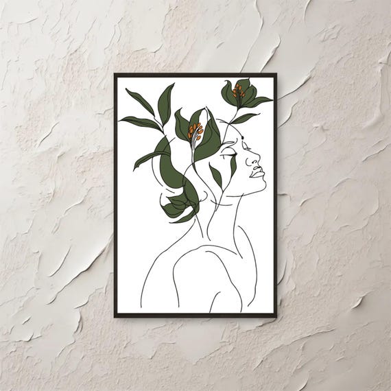 Abstract Botanical Woman Line Art Wall Minimalist Boho Face Drawing Print Modern Floral Poster Illustration Instant Png File