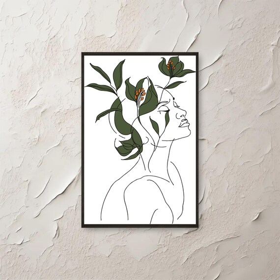 Minimalist Woman Line Art Profile With Green Botanical Leaves Poster