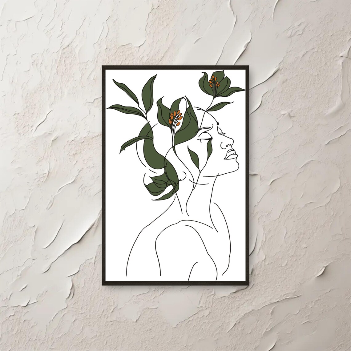 Minimalist Woman Line Art Profile With Green Botanical Leaves Poster