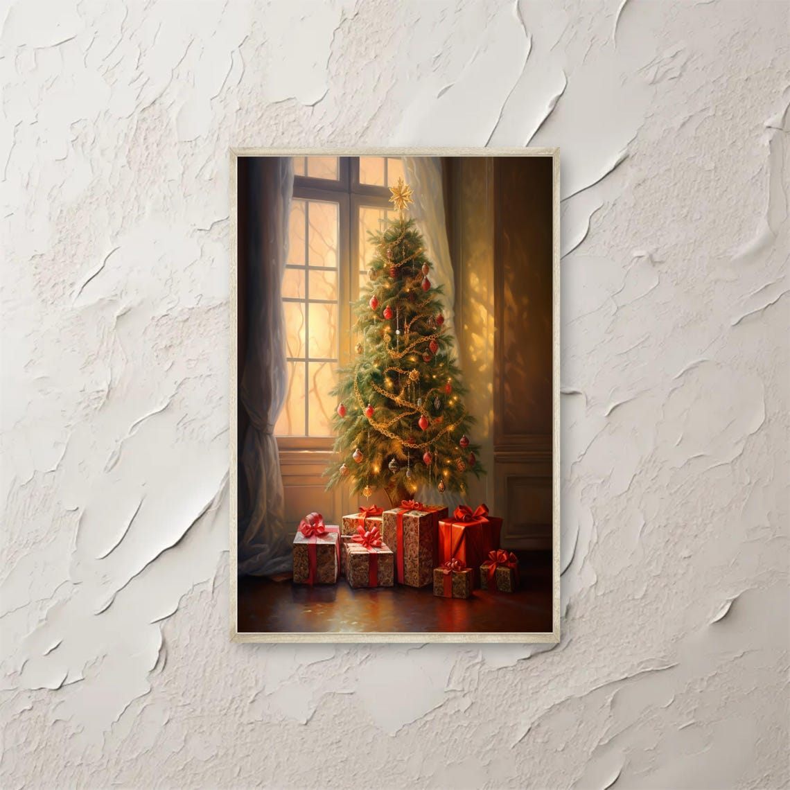 Vintage Christmas Tree by Glowing Window With Gifts Art Poster