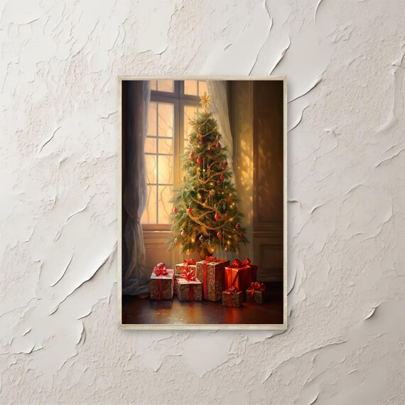 Vintage Christmas Tree by Glowing Window With Gifts Art Poster
