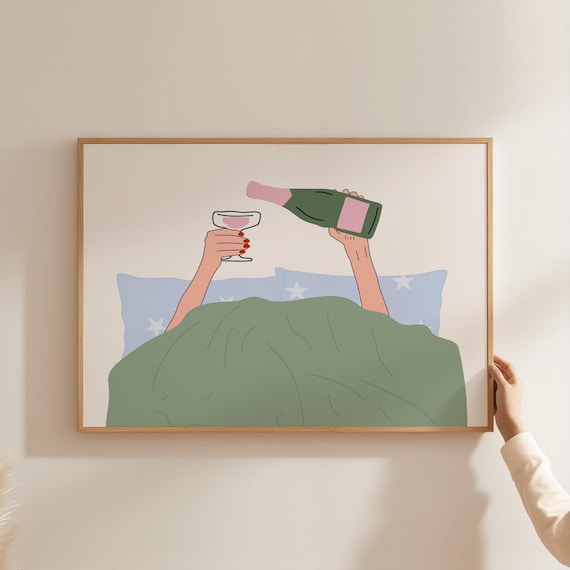 Wine In Bed Cozy Night Illustration Champagne Pour Art Print
