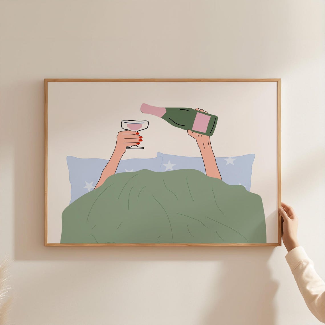 Wine In Bed Cozy Night Illustration Champagne Pour Art Print