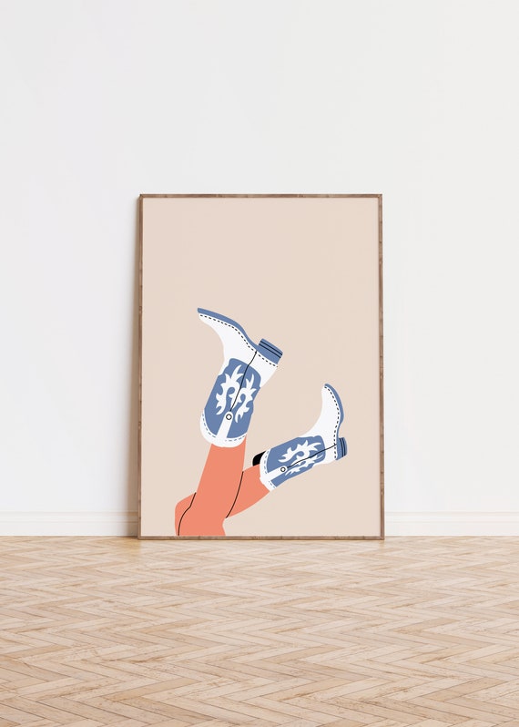 Blue Cowgirl Boots Art Print Preppy Wall Poster Trendy Western Bedroom Decor Rodeo Girly