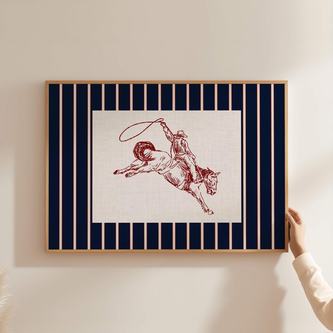 Rodeo Cowboy Lasso Sketch On Navy Stripes Western Cowboy Poster