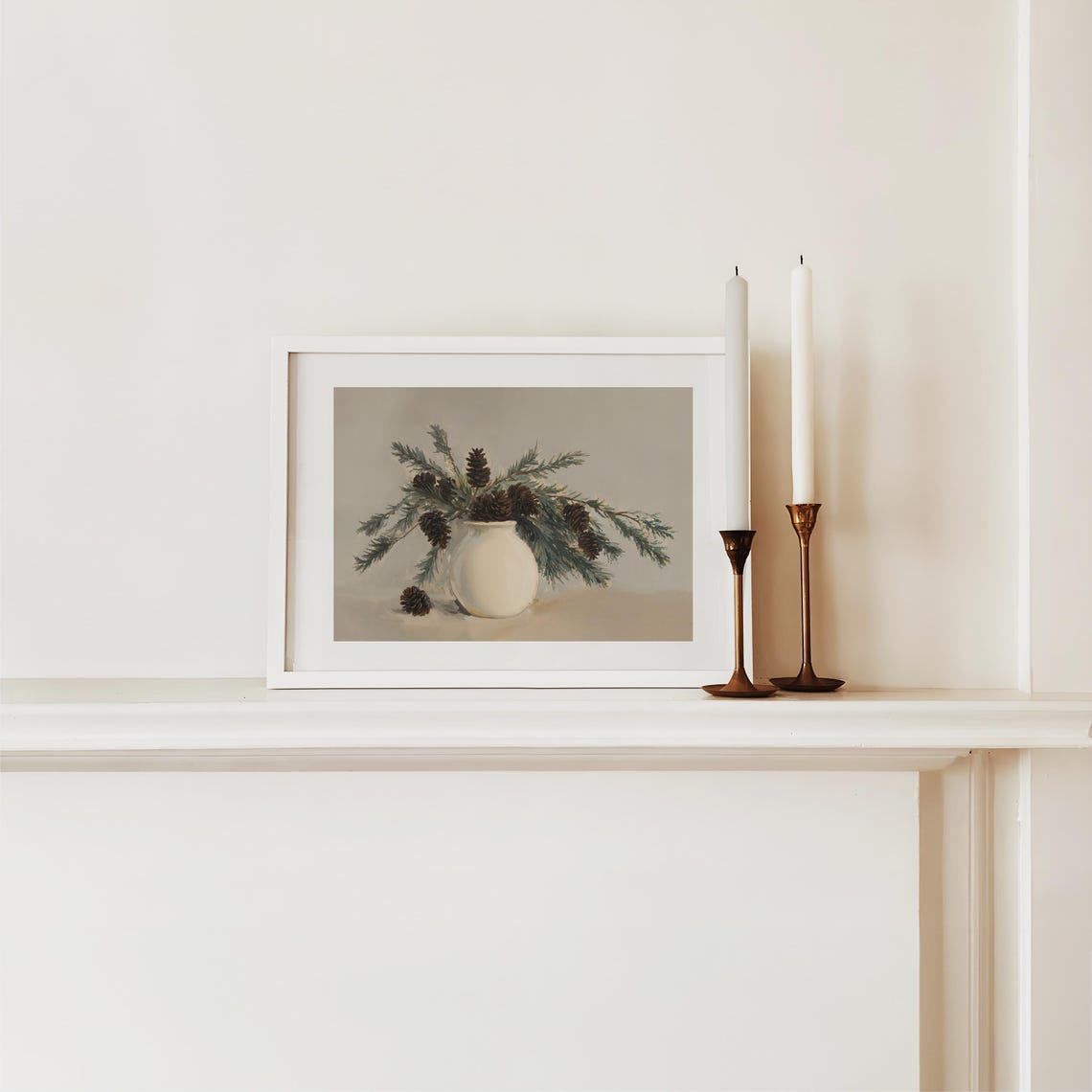 Winter Still Life White Vase Pine Cones Neutral Decor Poster - Image 2